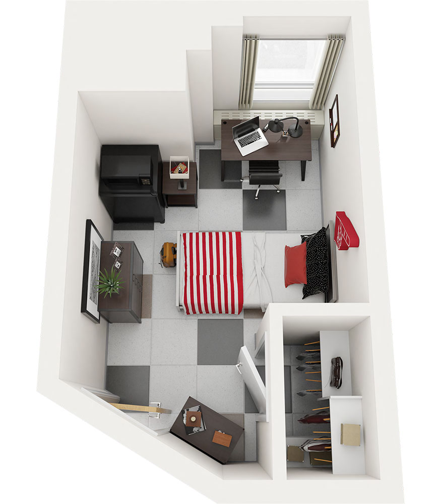The Grant single room includes a bed, desk, rolling chair, closet with shelves, and both a large and small dresser, along with a movable shelf featuring a bulletin board. Additional amenities include a MicroFridge, Ethernet port, window drapes, overhead lighting, and tile flooring, with select rooms (D Tower only) offering a mirror inside the closet door.