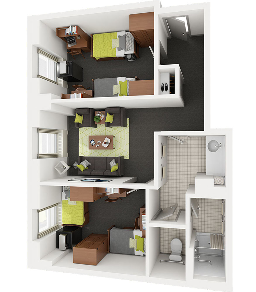 The four-bed Stevenson suite includes two bedrooms, each furnished with a bed, wardrobe, desk, large and small dresser, rolling chair, and movable shelf with a bulletin board, along with sliding keyboard trays, a MicroFridge, Ethernet port, window drapes, overhead lighting, and mirrors in the wardrobes. A shared living room provides additional furnishings, including a sofa, coffee table, two chairs, and a small table.